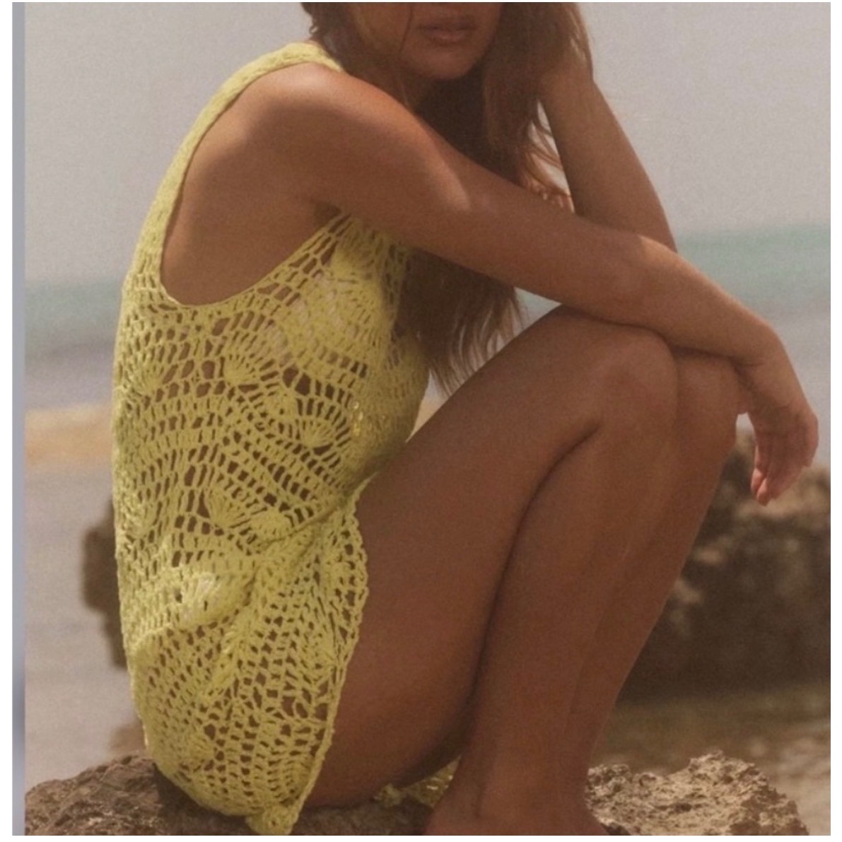 Zara Crochet Mini Dress Small Yellow Excellent Sleeveless Scalloped Boho Knit